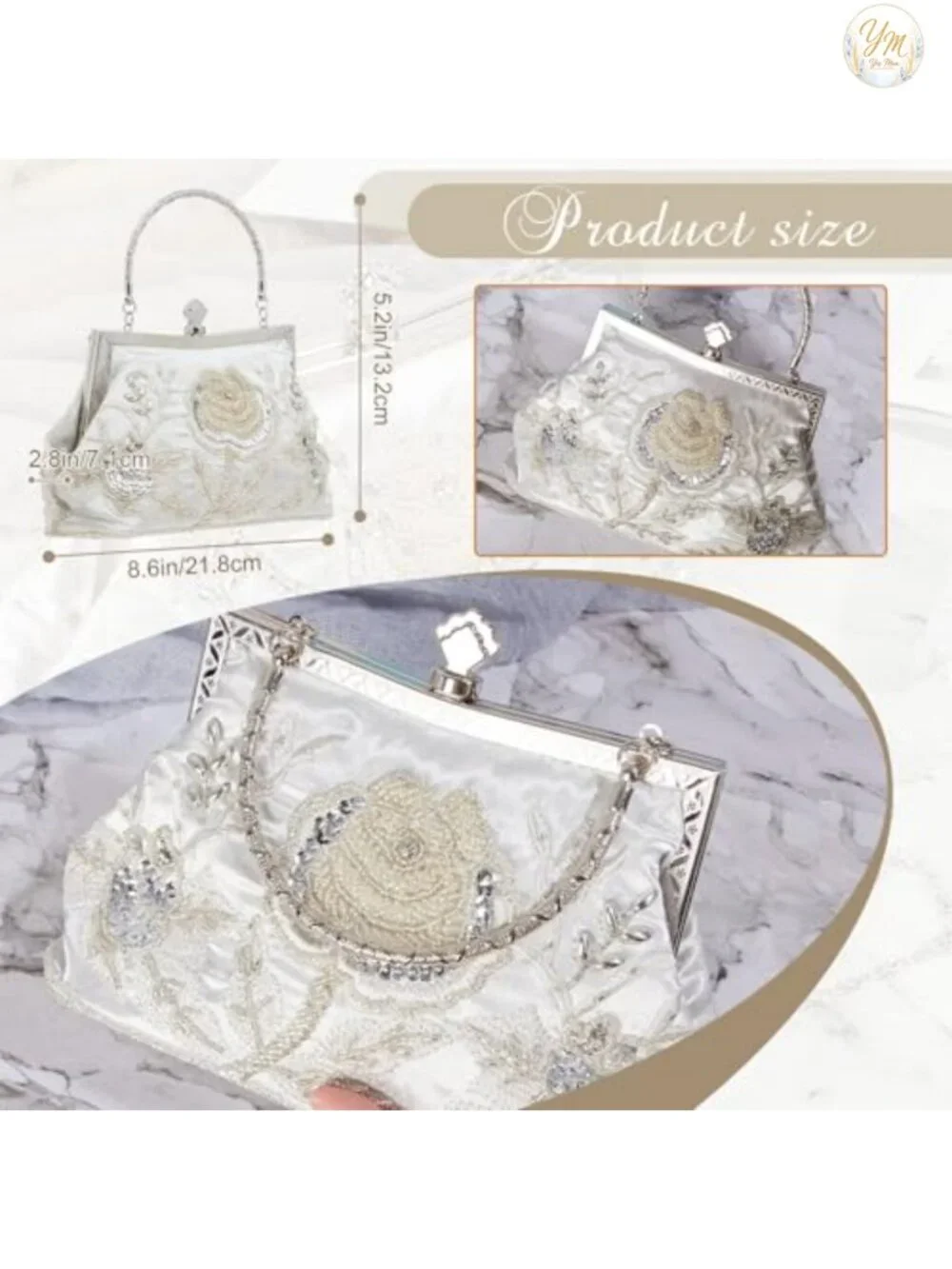 Embroidered Beaded Clutch Evening Bag with Chain